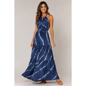 Mainstrip Blue Tie Dye Halter Maxi Dress Smocked Tiered Boho Women M